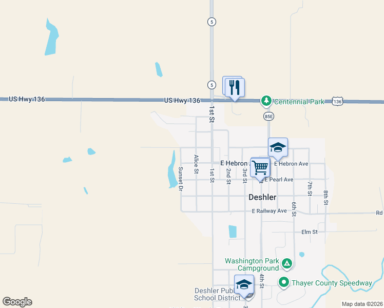 map of restaurants, bars, coffee shops, grocery stores, and more near 412 Alice Street in Deshler