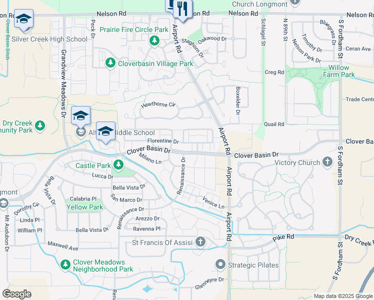 map of restaurants, bars, coffee shops, grocery stores, and more near 3837 Florentine Drive in Longmont