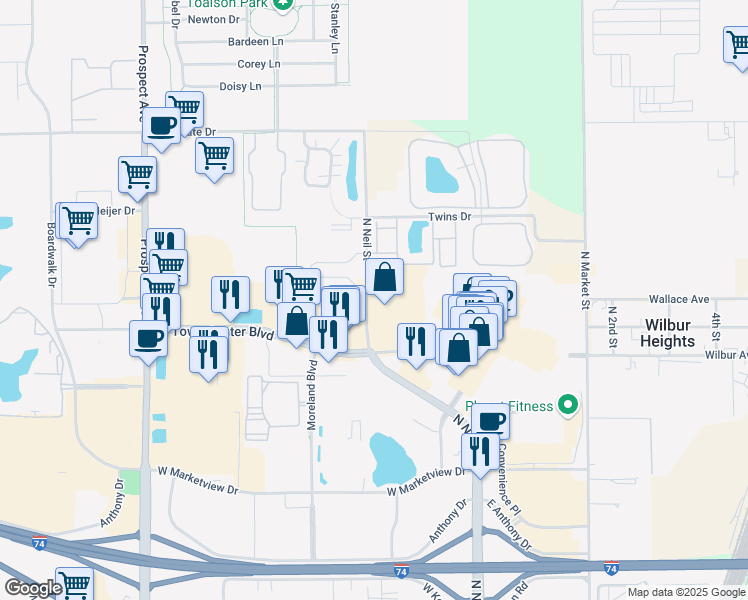 map of restaurants, bars, coffee shops, grocery stores, and more near 2000 North Neil Street in Champaign