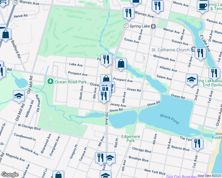 map of restaurants, bars, coffee shops, grocery stores, and more near 101 New Jersey 71 in Spring Lake