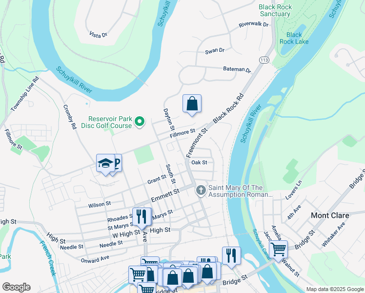 map of restaurants, bars, coffee shops, grocery stores, and more near 437 Dayton Street in Phoenixville