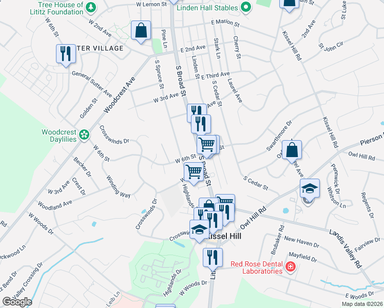 map of restaurants, bars, coffee shops, grocery stores, and more near 730 South Broad Street in Lititz