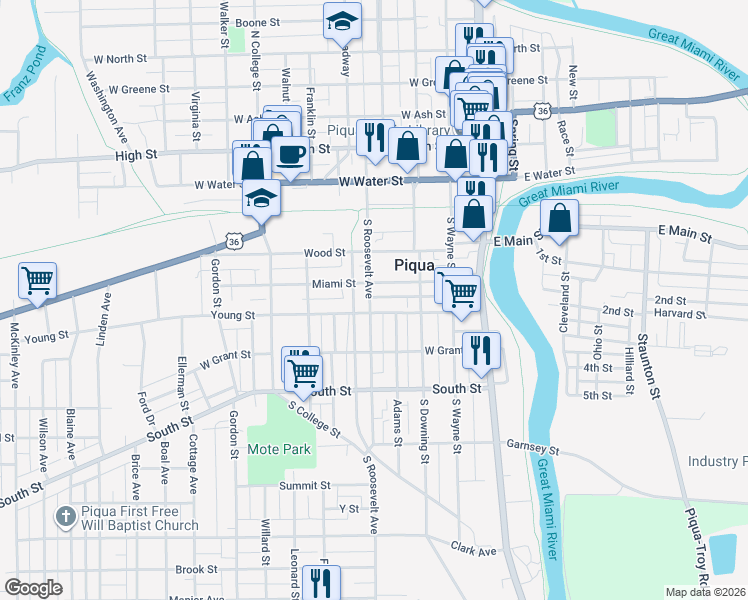 map of restaurants, bars, coffee shops, grocery stores, and more near 415 South Roosevelt Avenue in Piqua