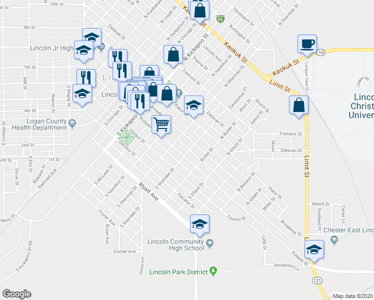 map of restaurants, bars, coffee shops, grocery stores, and more near 121 South Sheridan Street in Lincoln