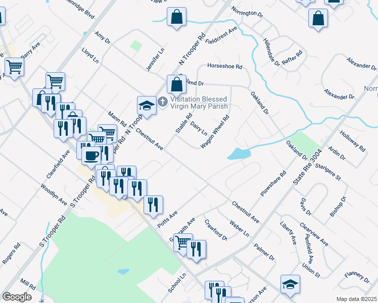 map of restaurants, bars, coffee shops, grocery stores, and more near 122 Wagon Wheel Road in Norristown