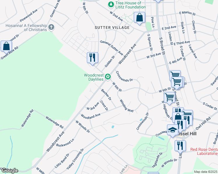 map of restaurants, bars, coffee shops, grocery stores, and more near 558 West 3rd Avenue in Lititz