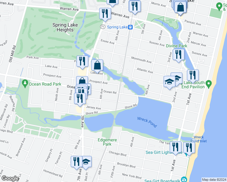 map of restaurants, bars, coffee shops, grocery stores, and more near 556 Ocean Road in Spring Lake