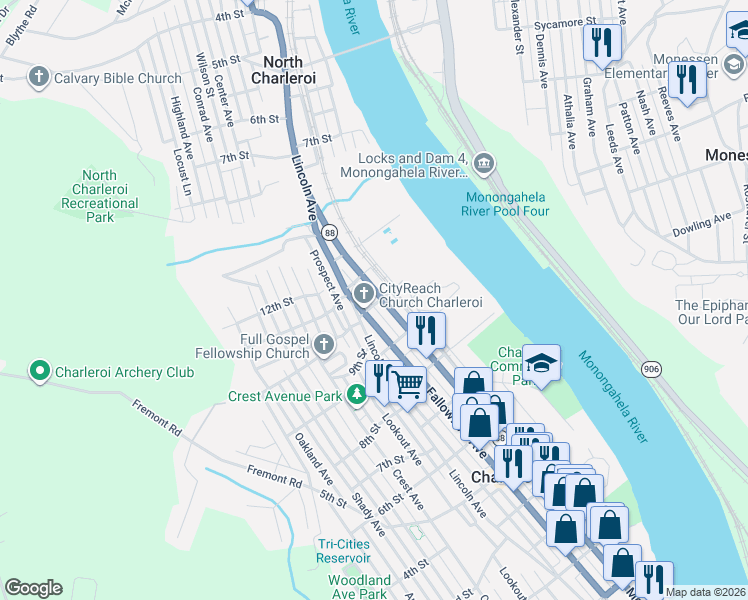 map of restaurants, bars, coffee shops, grocery stores, and more near 928 Fallowfield Avenue in Charleroi