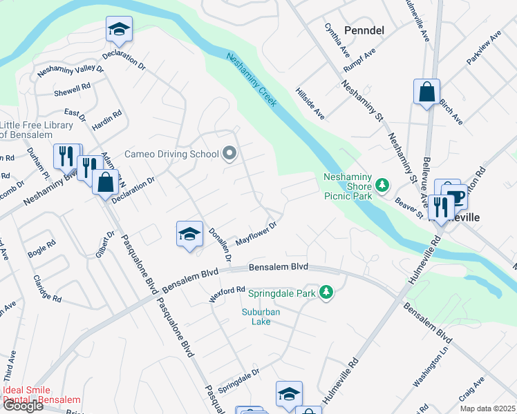 map of restaurants, bars, coffee shops, grocery stores, and more near 6425 Trenton Court in Bensalem