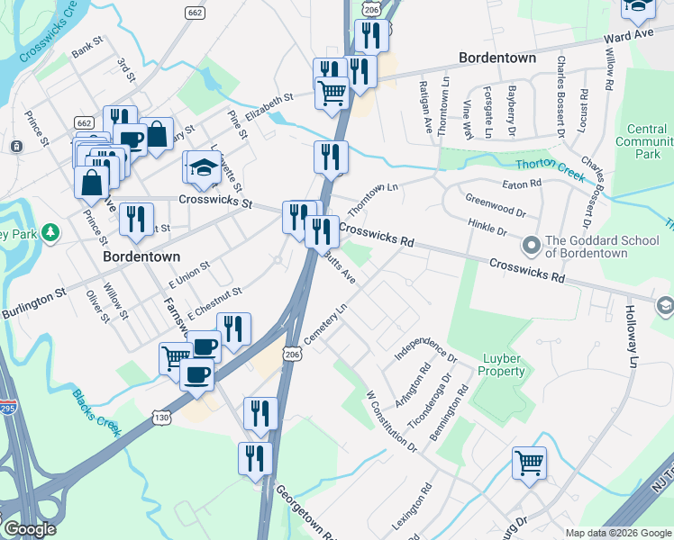 map of restaurants, bars, coffee shops, grocery stores, and more near 225 U.S. 130 in Bordentown