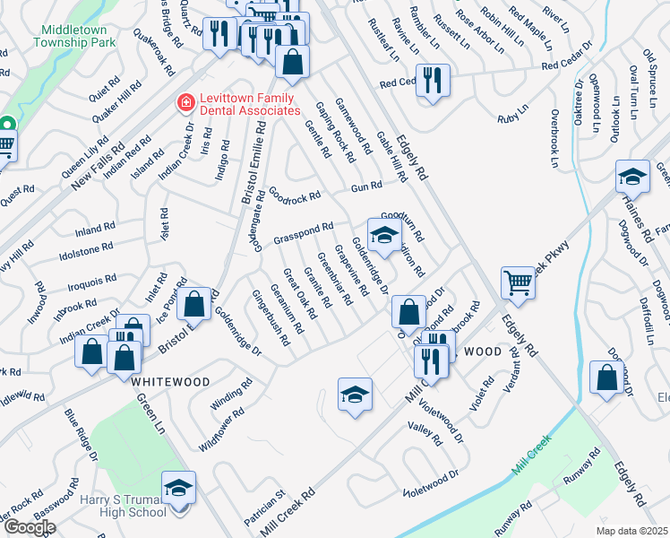 map of restaurants, bars, coffee shops, grocery stores, and more near 40 Greenbriar Road in Levittown