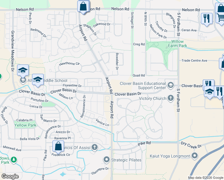 map of restaurants, bars, coffee shops, grocery stores, and more near 1425 South Airport Road in Longmont