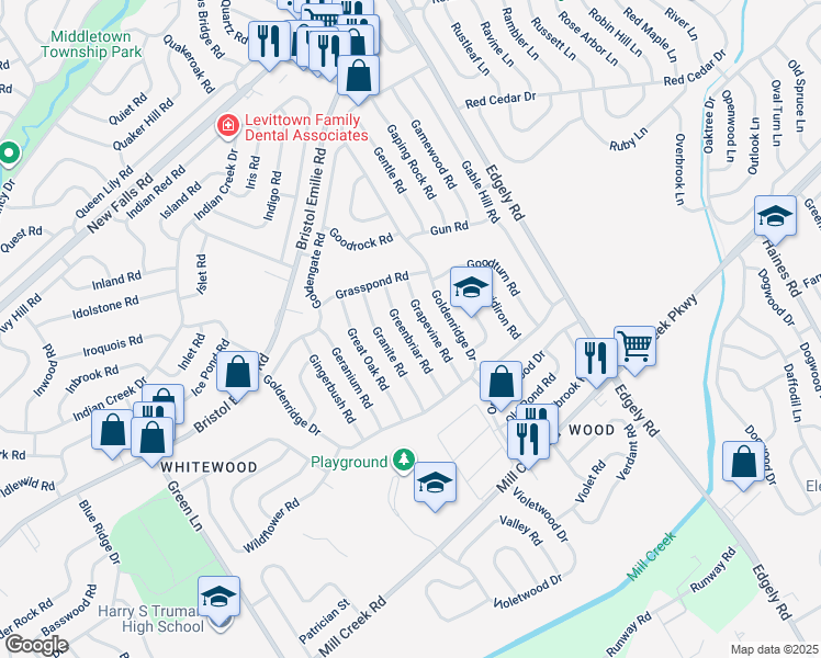 map of restaurants, bars, coffee shops, grocery stores, and more near 40 Greenbriar Road in Levittown