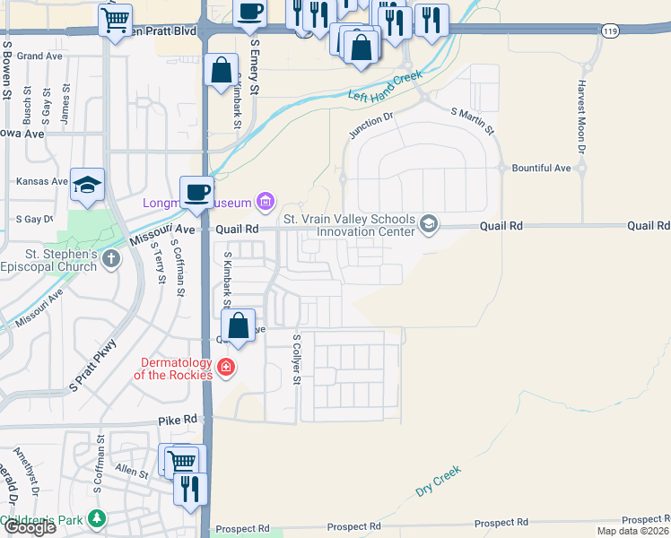 map of restaurants, bars, coffee shops, grocery stores, and more near 1240 Wren Court in Longmont