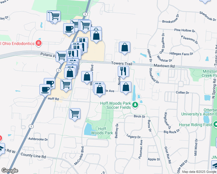 map of restaurants, bars, coffee shops, grocery stores, and more near 416-474 Westdale Avenue in Westerville
