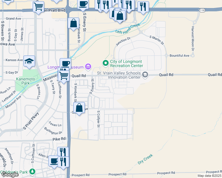 map of restaurants, bars, coffee shops, grocery stores, and more near 1240 Wren Court in Longmont
