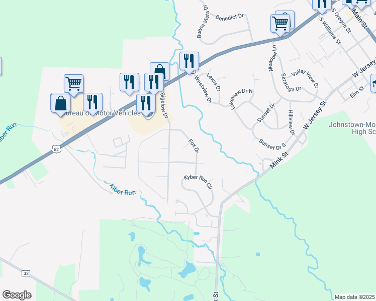 map of restaurants, bars, coffee shops, grocery stores, and more near 332 Raccoon Avenue in Johnstown