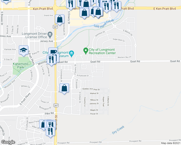 map of restaurants, bars, coffee shops, grocery stores, and more near 1252 South Oak Court in Longmont