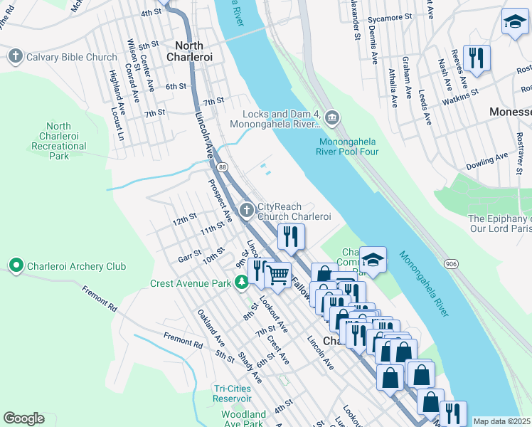 map of restaurants, bars, coffee shops, grocery stores, and more near 928 Fallowfield Avenue in Charleroi