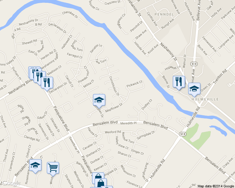 map of restaurants, bars, coffee shops, grocery stores, and more near 6400 Trenton Court in Bensalem