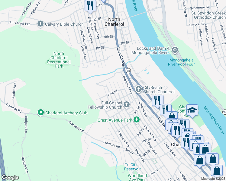 map of restaurants, bars, coffee shops, grocery stores, and more near 1218 Lower Meadow Avenue in Charleroi