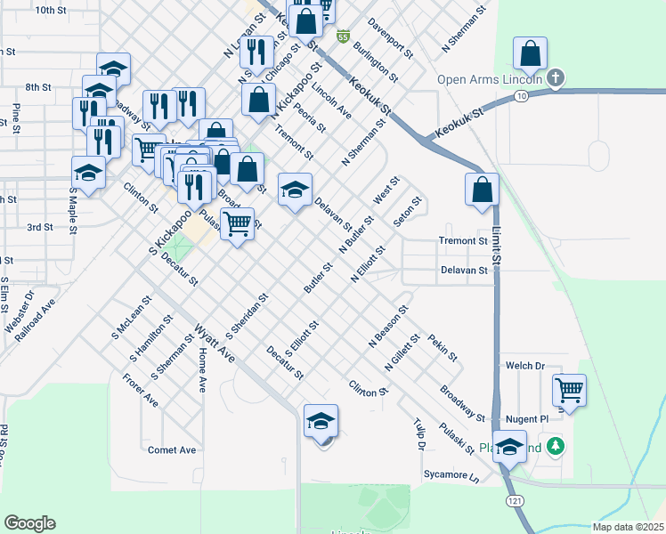 map of restaurants, bars, coffee shops, grocery stores, and more near 120 Butler Street in Lincoln
