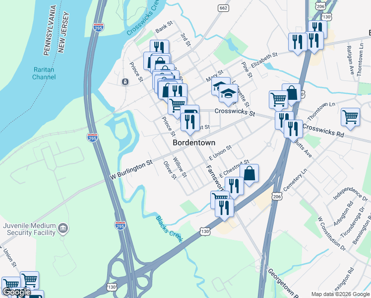 map of restaurants, bars, coffee shops, grocery stores, and more near 15 West Burlington Street in Bordentown
