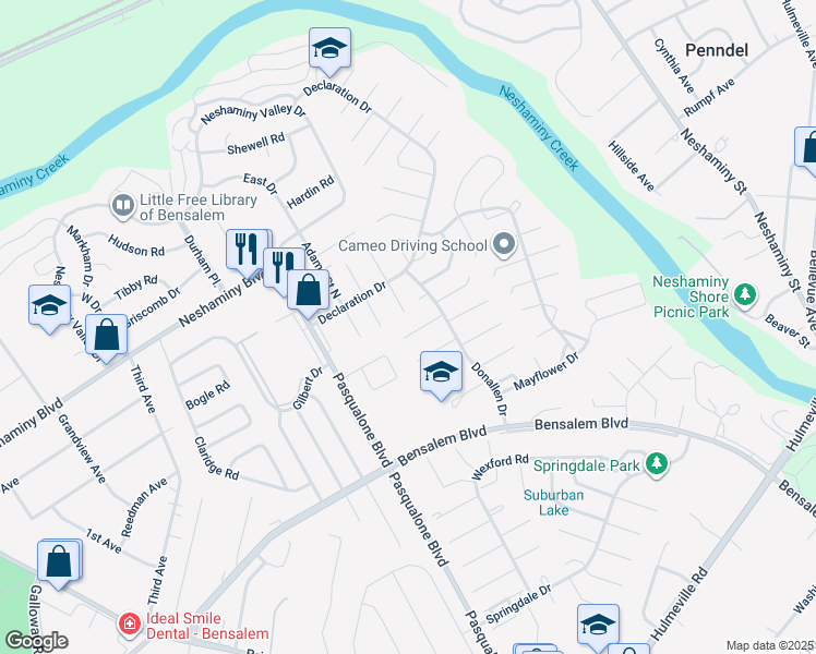 map of restaurants, bars, coffee shops, grocery stores, and more near 6241 Patrick Henry Court in Bucks County