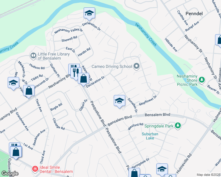 map of restaurants, bars, coffee shops, grocery stores, and more near 6241 Patrick Henry Court in Bucks County