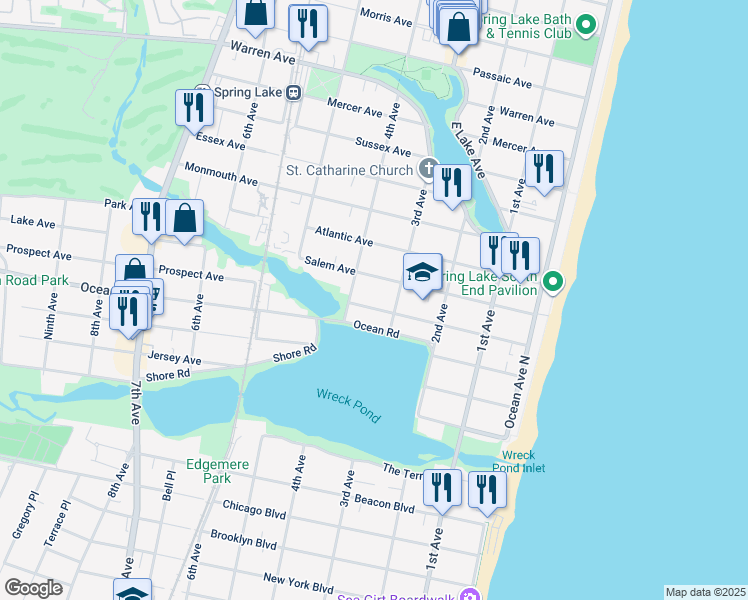 map of restaurants, bars, coffee shops, grocery stores, and more near 312 Ocean Road in Spring Lake