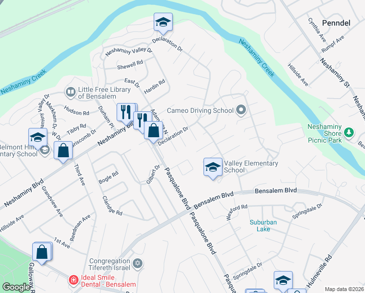 map of restaurants, bars, coffee shops, grocery stores, and more near 3227 Independence Court in Bensalem