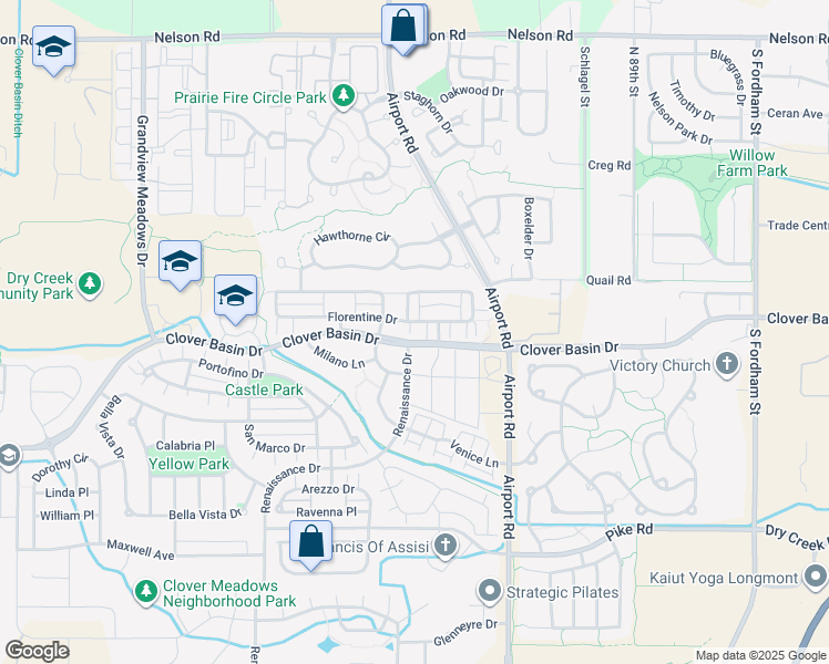 map of restaurants, bars, coffee shops, grocery stores, and more near 1420 Renaissance Drive in Longmont