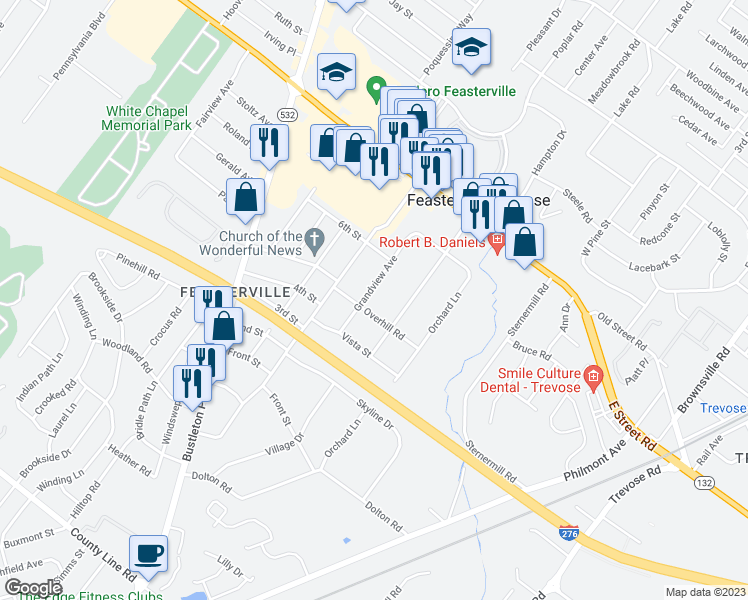 map of restaurants, bars, coffee shops, grocery stores, and more near 505 Grandview Avenue in Feasterville-Trevose