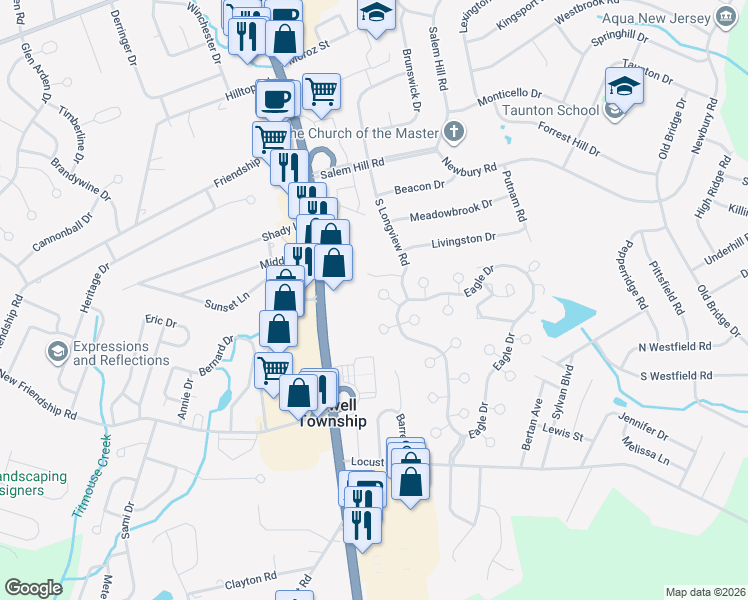 map of restaurants, bars, coffee shops, grocery stores, and more near 12 Finch Road in Howell Township