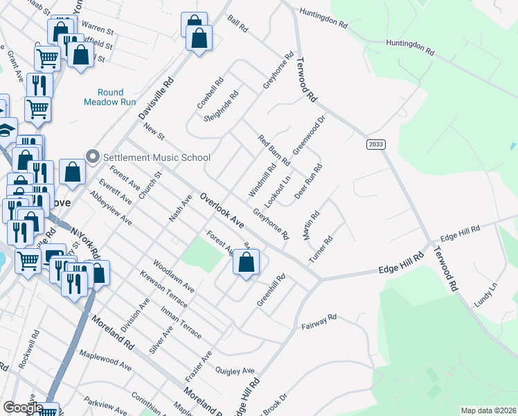 map of restaurants, bars, coffee shops, grocery stores, and more near 184 Windmill Road in Willow Grove