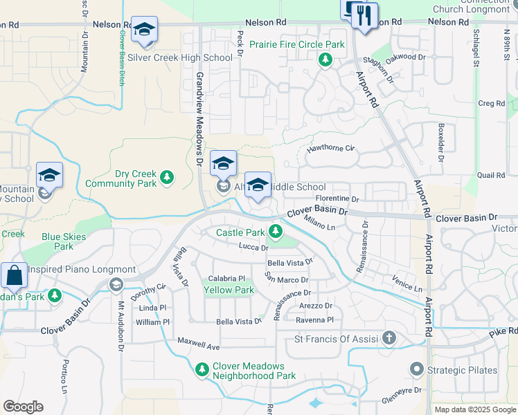 map of restaurants, bars, coffee shops, grocery stores, and more near 4444 Clover Basin Drive in Longmont