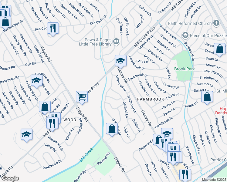 map of restaurants, bars, coffee shops, grocery stores, and more near 99 Daffodil Lane in Levittown
