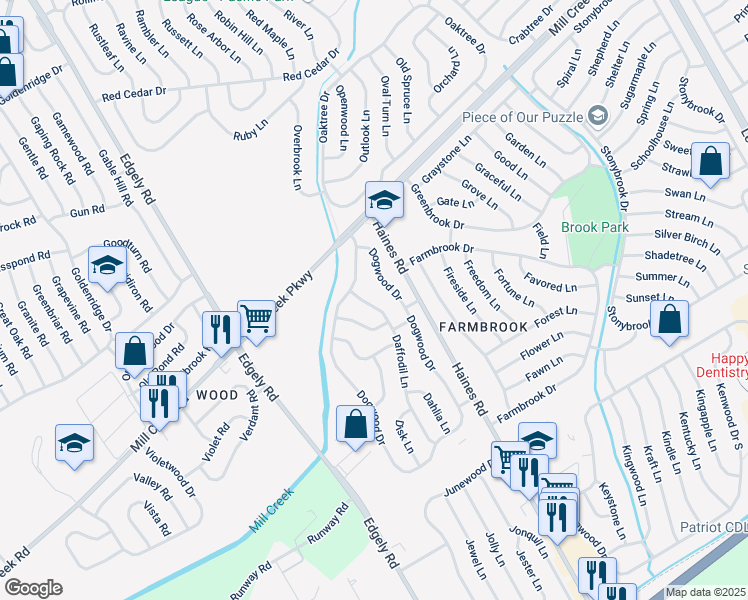 map of restaurants, bars, coffee shops, grocery stores, and more near 94 Daffodil Lane in Levittown