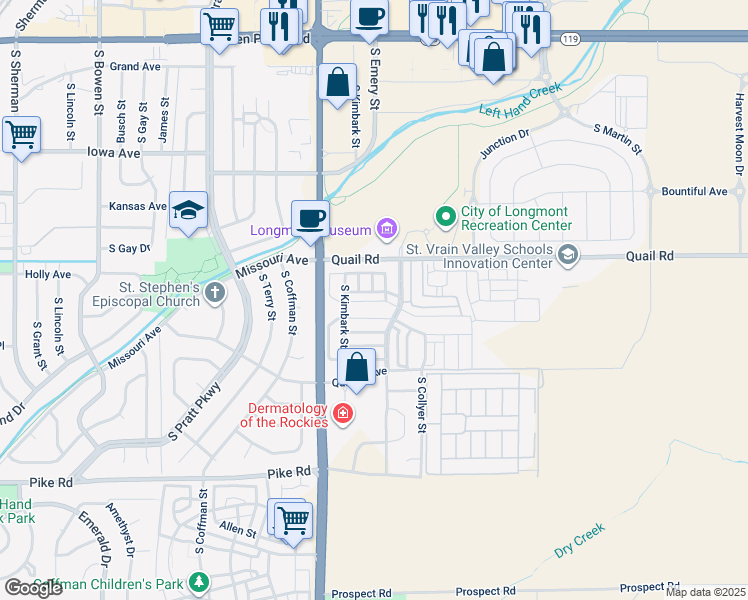 map of restaurants, bars, coffee shops, grocery stores, and more near 1205 Redbird Street in Longmont