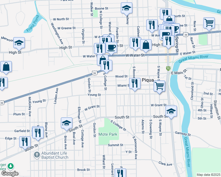 map of restaurants, bars, coffee shops, grocery stores, and more near 508 Miami Street in Piqua