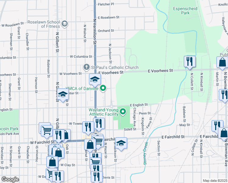 map of restaurants, bars, coffee shops, grocery stores, and more near 1012 North Jackson Street in Danville