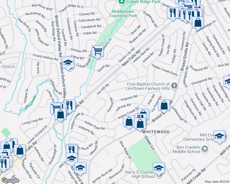 map of restaurants, bars, coffee shops, grocery stores, and more near 98 Ivy Hill Road in Levittown