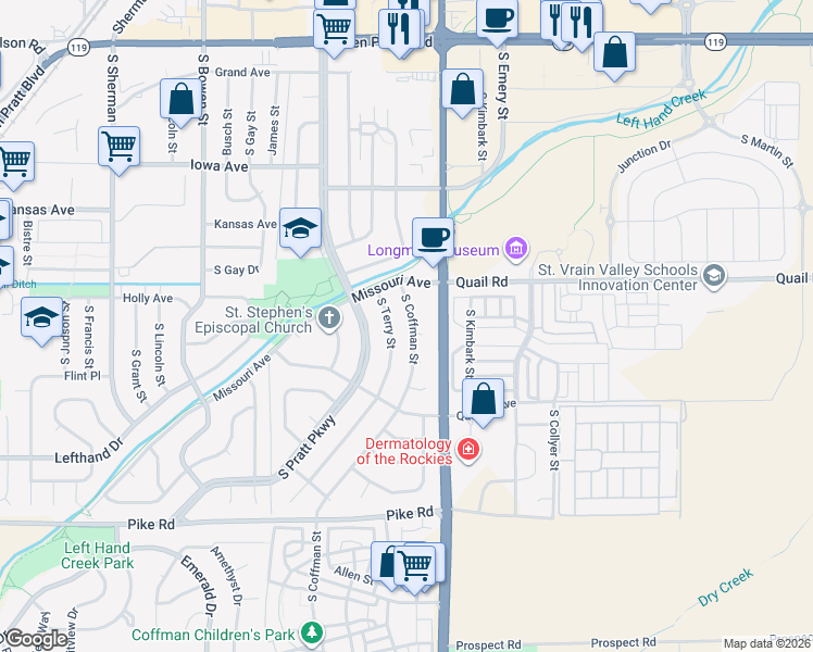 map of restaurants, bars, coffee shops, grocery stores, and more near 1241 South Coffman Street in Longmont