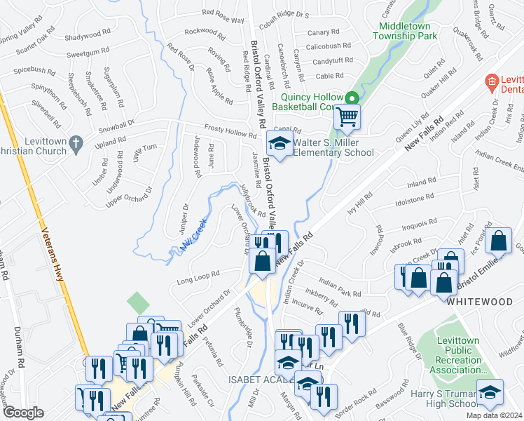map of restaurants, bars, coffee shops, grocery stores, and more near 8 Jollybrook Road in Levittown