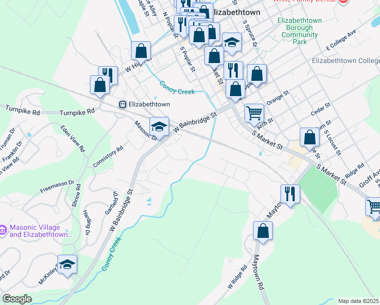 map of restaurants, bars, coffee shops, grocery stores, and more near 7 Pfautz Circle in Elizabethtown
