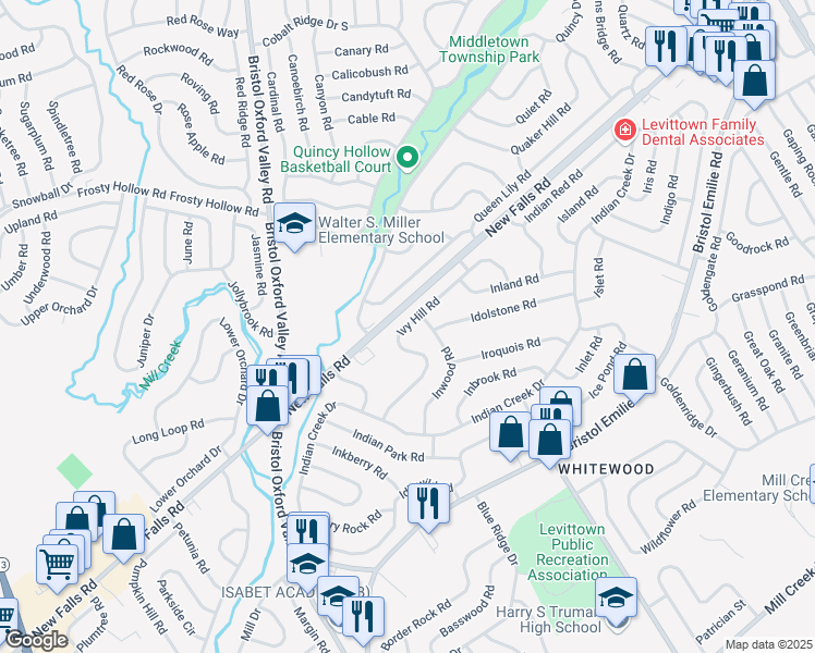 map of restaurants, bars, coffee shops, grocery stores, and more near 71 Ivy Hill Road in Levittown