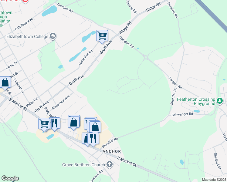 map of restaurants, bars, coffee shops, grocery stores, and more near 1376 Campus Road in Elizabethtown