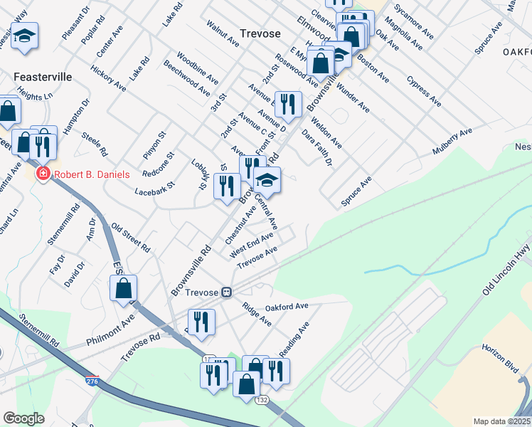 map of restaurants, bars, coffee shops, grocery stores, and more near 4970 Central Avenue in Feasterville-Trevose