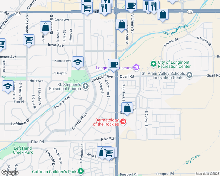 map of restaurants, bars, coffee shops, grocery stores, and more near 1236 South Coffman Street in Longmont