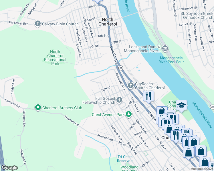 map of restaurants, bars, coffee shops, grocery stores, and more near 1218 Lower Meadow Avenue in Charleroi